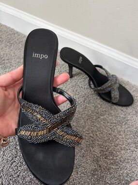 YK2 kitten low heel sandals black with Gold & Blue Beaded Crisscross Straps